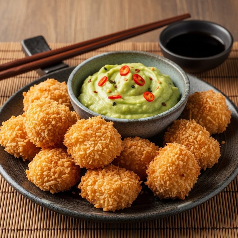 Kenyan Coconut-Crusted Chicken Bites with Spicy Avocado Dip