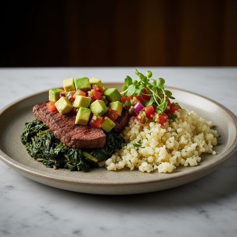 Kenyan Dinner: Keto-Friendly Sukuma Wiki Steak with Creamy Avocado Salsa & Cauliflower Rice