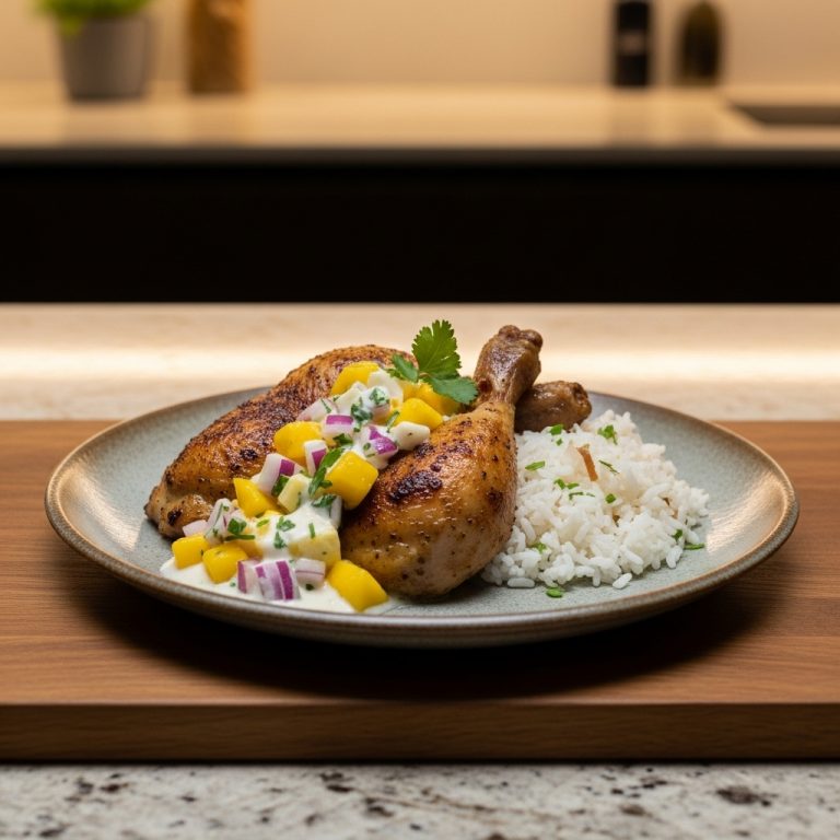 Kenyan Dinner for Paleo Lovers: Succulent Roasted Chicken with Creamy Mango Salsa and Coconut Rice