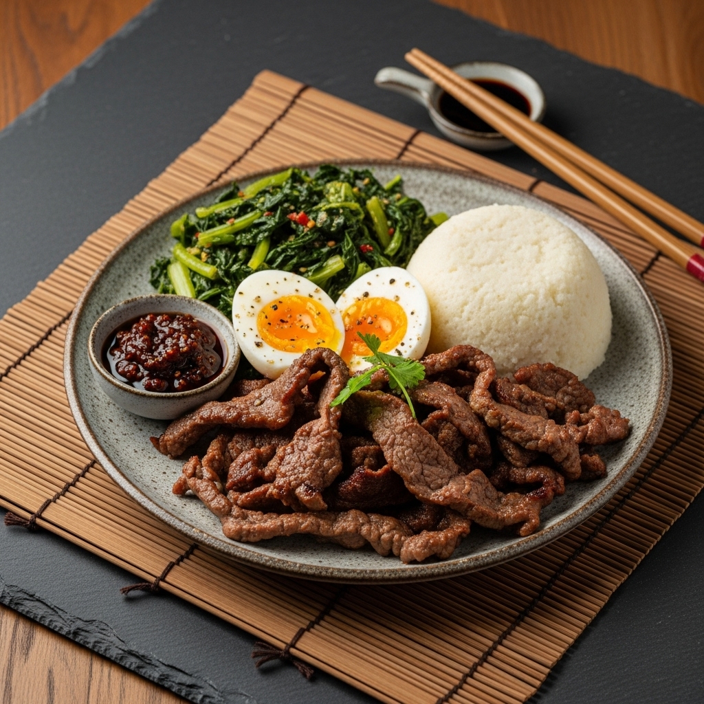 Kenyan Gluten-Free Nyama Choma Brunch with Ugali, Sukuma Wiki, and Tangawizi Poached Eggs