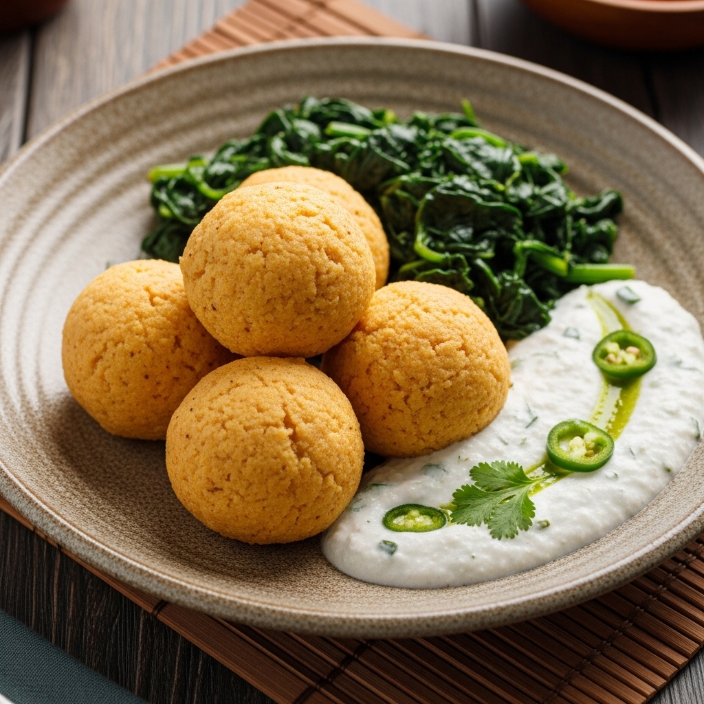 Kenyan Gluten-Free Ugali Balls with Sukuma Wiki (Spinach) & Coconut Chutney