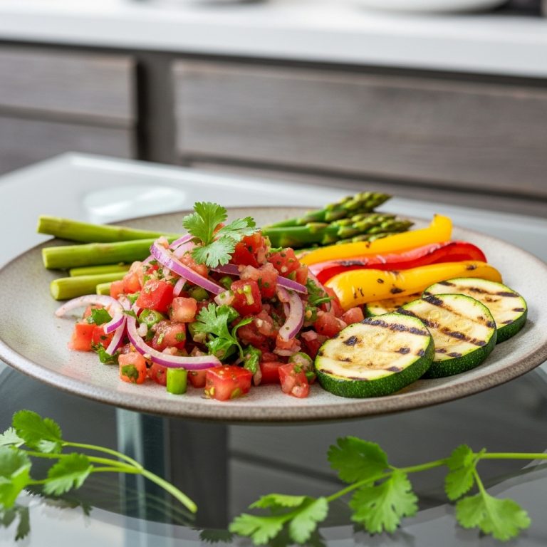 Kenyan Kachumbari Salad with Grilled Vegetables and Lime-Coriander Sauce