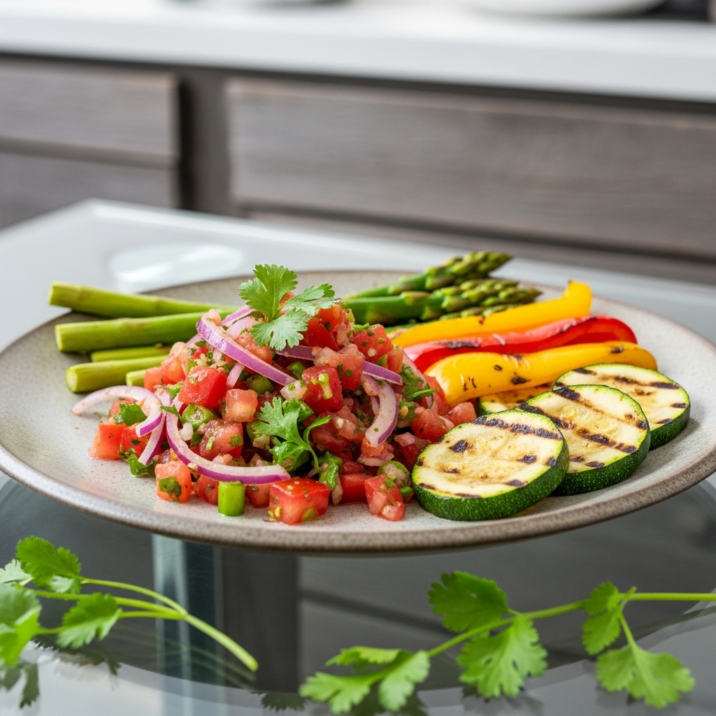 Kenyan Kachumbari Salad with Grilled Vegetables and Lime-Coriander Sauce