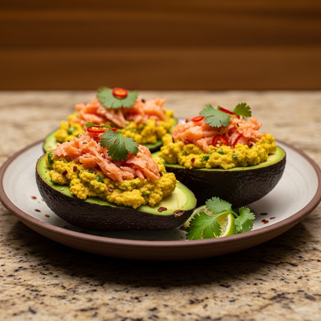 Kenyan Keto Avocado Smoked Salmon Boats with Spiced Coconut Mashed Cauliflower