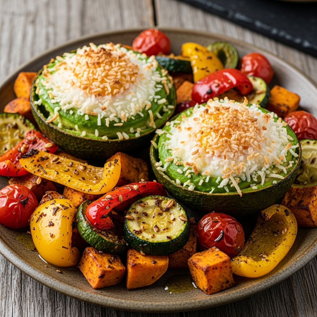Kenyan Keto Brunch Delight: Coconut-Crusted Eggs in Avocado Nests With Spiced Roasted Vegetables