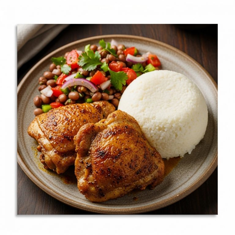 Kenyan Lunch Delight: Succulent Spiced Chicken Thighs with Creamy Ugali and Tangy Mbaazi Salad