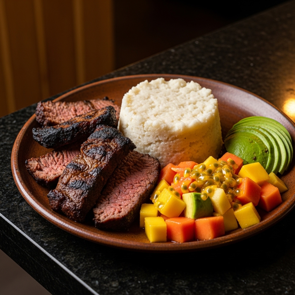 Kenyan Paleo Breakfast: Ugali with Succulent Nyama Choma and Seasonal Fruit Salad
