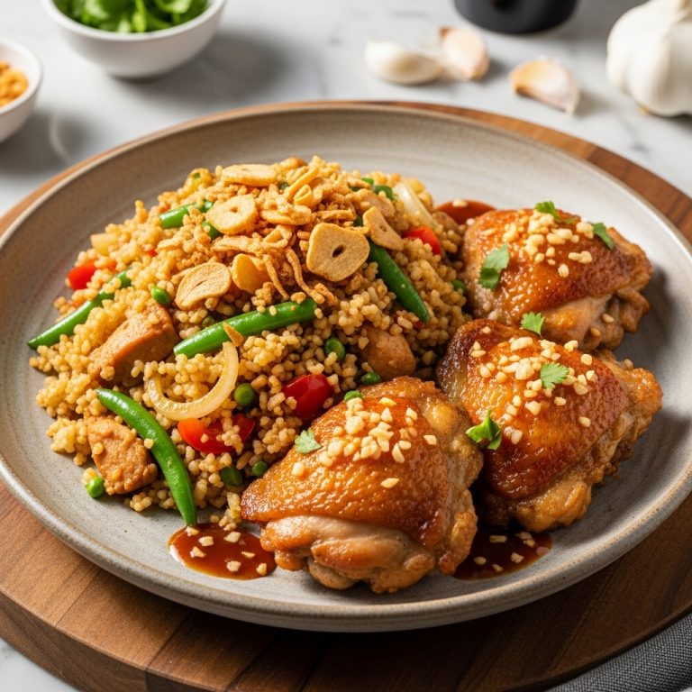 Keto Adobo Fried Rice with Crispy Garlic Chicken Thighs