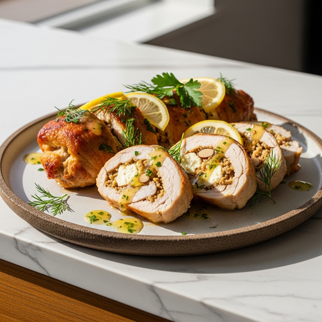 Keto Almond Feta Stuffed Chicken Rolls with Lemon Herb Sauce