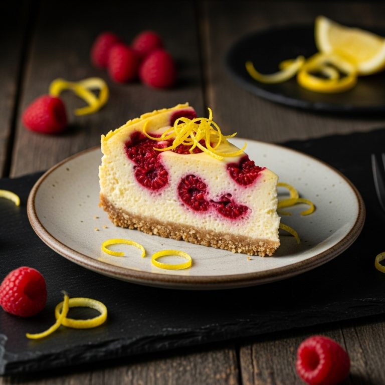 Keto Almond Flour Cheesecake with Raspberry Swirl and Lemon Zest