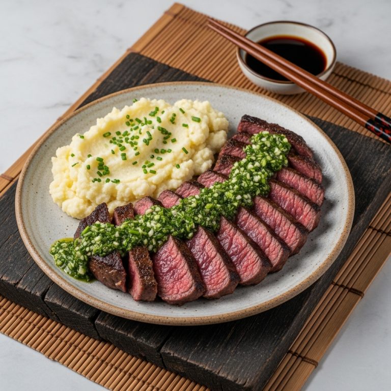 Keto Argentinian Steak with Chimichurri Sauce and Cauliflower Mash