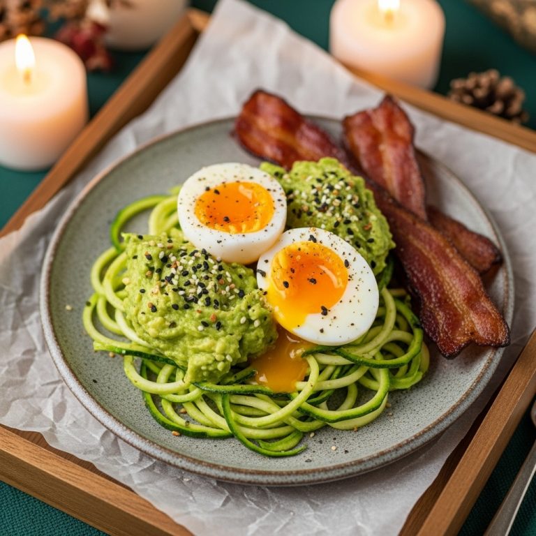 Keto Australian Breakfast: Avocado Smashed Eggs on Zucchini Noodles and Bacon
