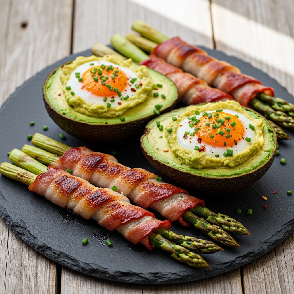 Keto Australian Brunch Delight: Avocado Stuffed Egg Boats with Bacon-Wrapped Asparagus