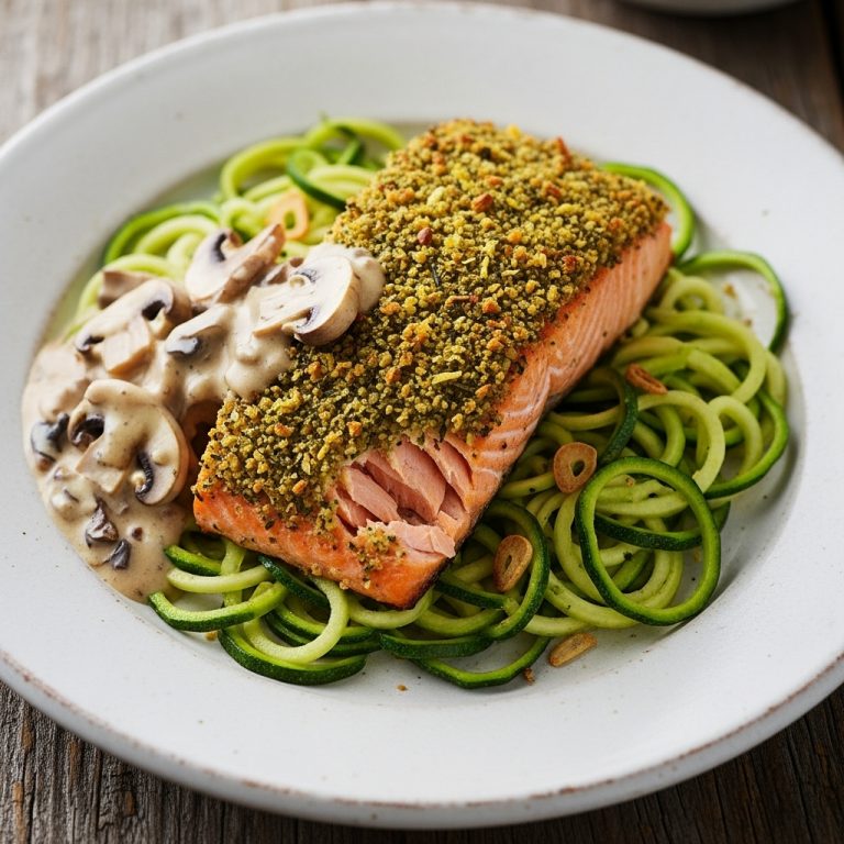 Keto Australian Lemon Herb Crusted Salmon with Garlic Zucchini Noodles and Mushroom Cream Sauce