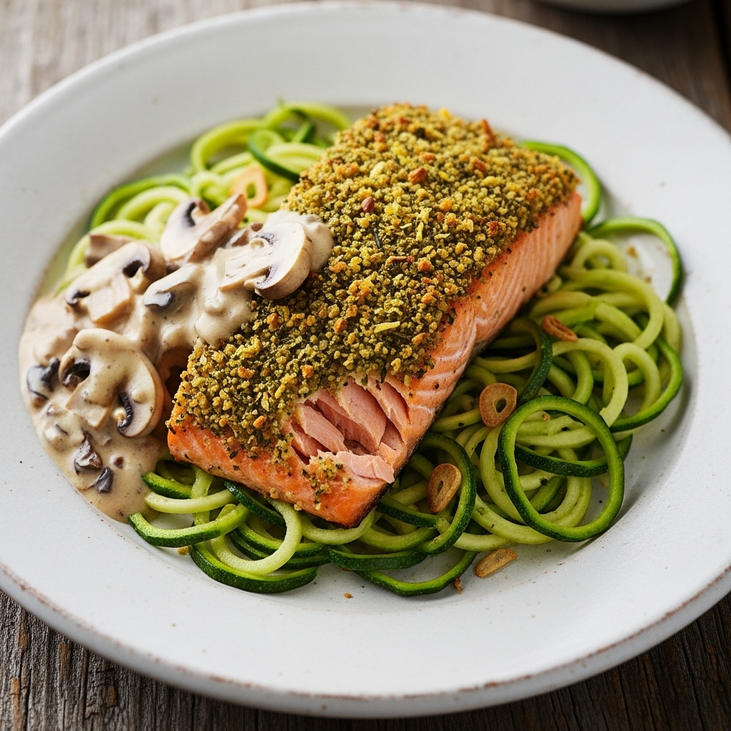 Keto Australian Lemon Herb Crusted Salmon with Garlic Zucchini Noodles and Mushroom Cream Sauce