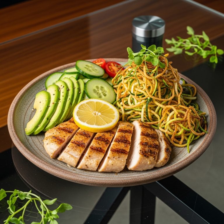 Keto Australian Seafood Feast: Grilled Lemon Herb Chicken with Avocado & Cucumber Salad and Crispy Zucchini Noodles