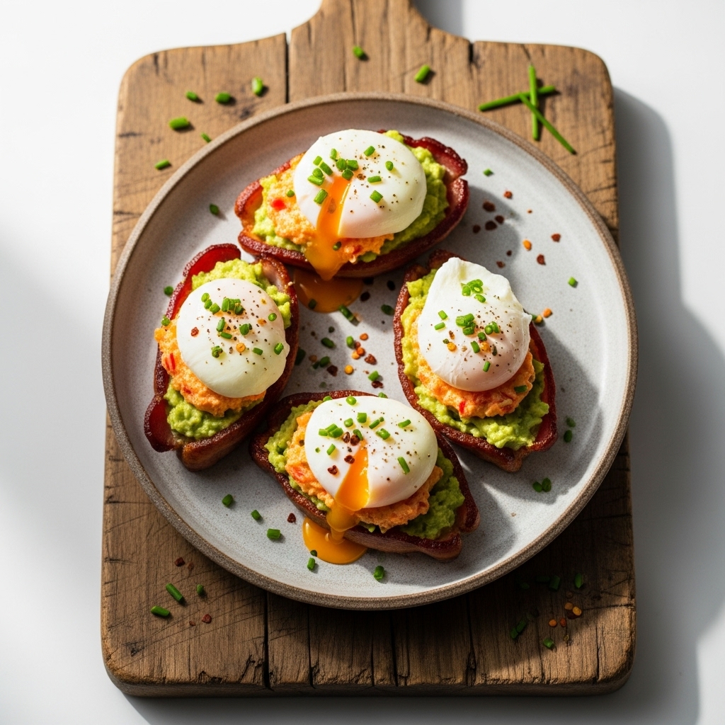 Keto Avocado Stuffed Bacon Boats with Poached Eggs and Pimento Cheese