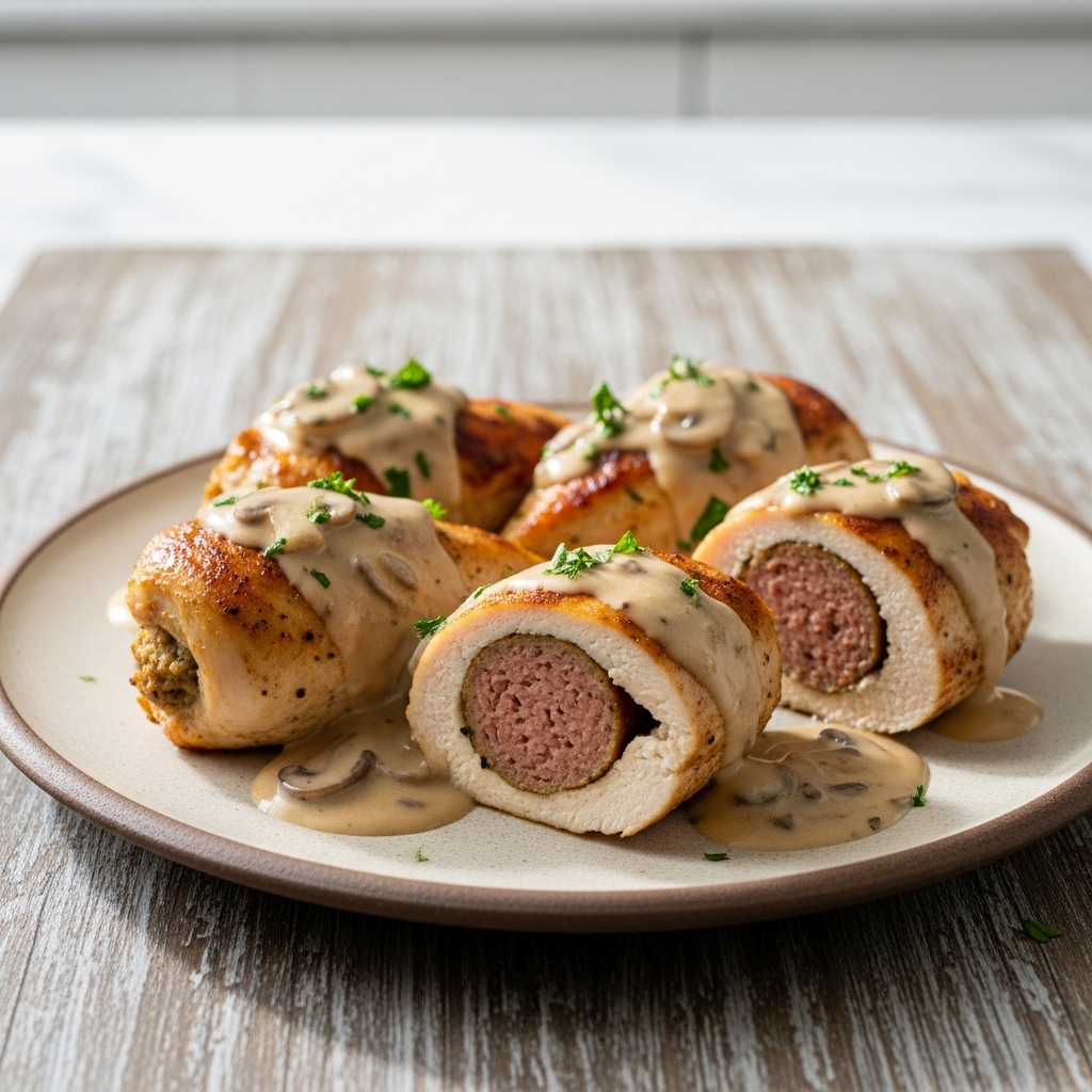 Keto Boerewors-Stuffed Chicken Breasts with Creamy Mushroom Sauce