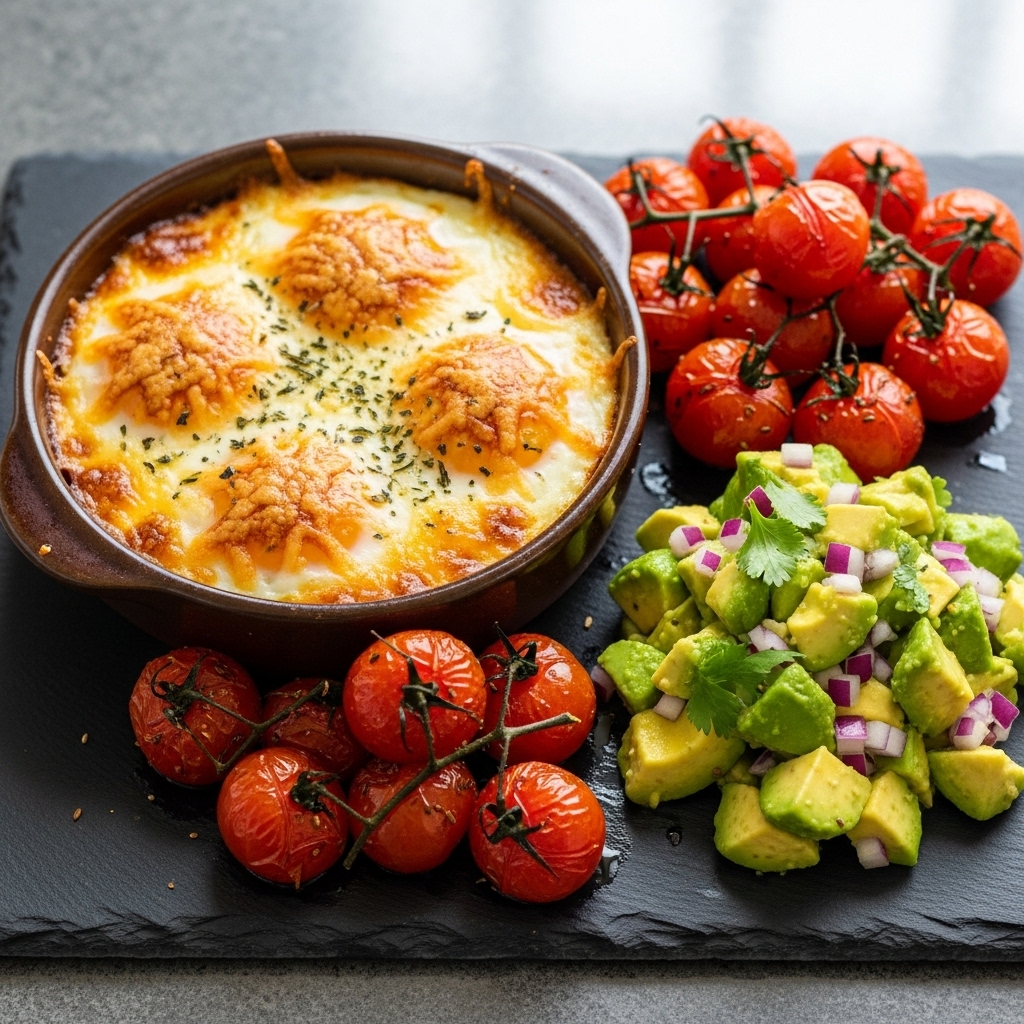 Keto Brazilian Breakfast Feast: Cheesy Baked Eggs with Cumin Roasted Tomatoes & Avocado Salsa