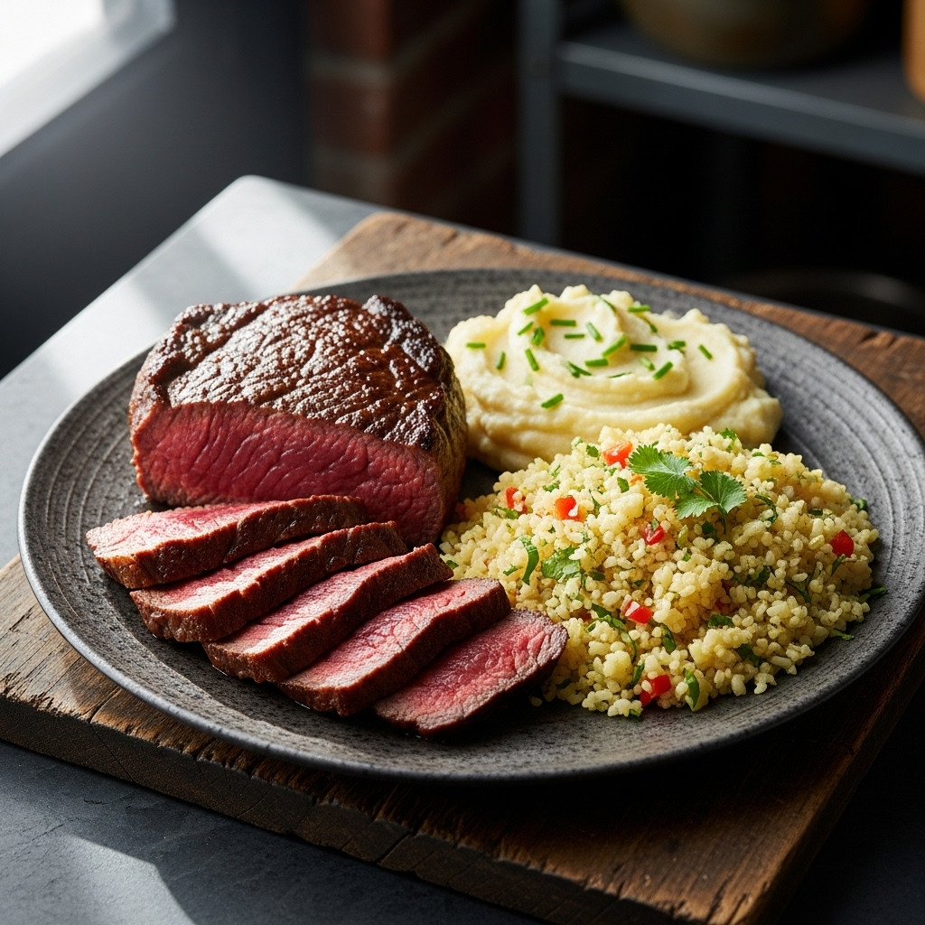 Keto Brazilian Feast: Churrasco Steak with Creamy Mashed Cauliflower and Garlic-Lime Cauliflower Rice