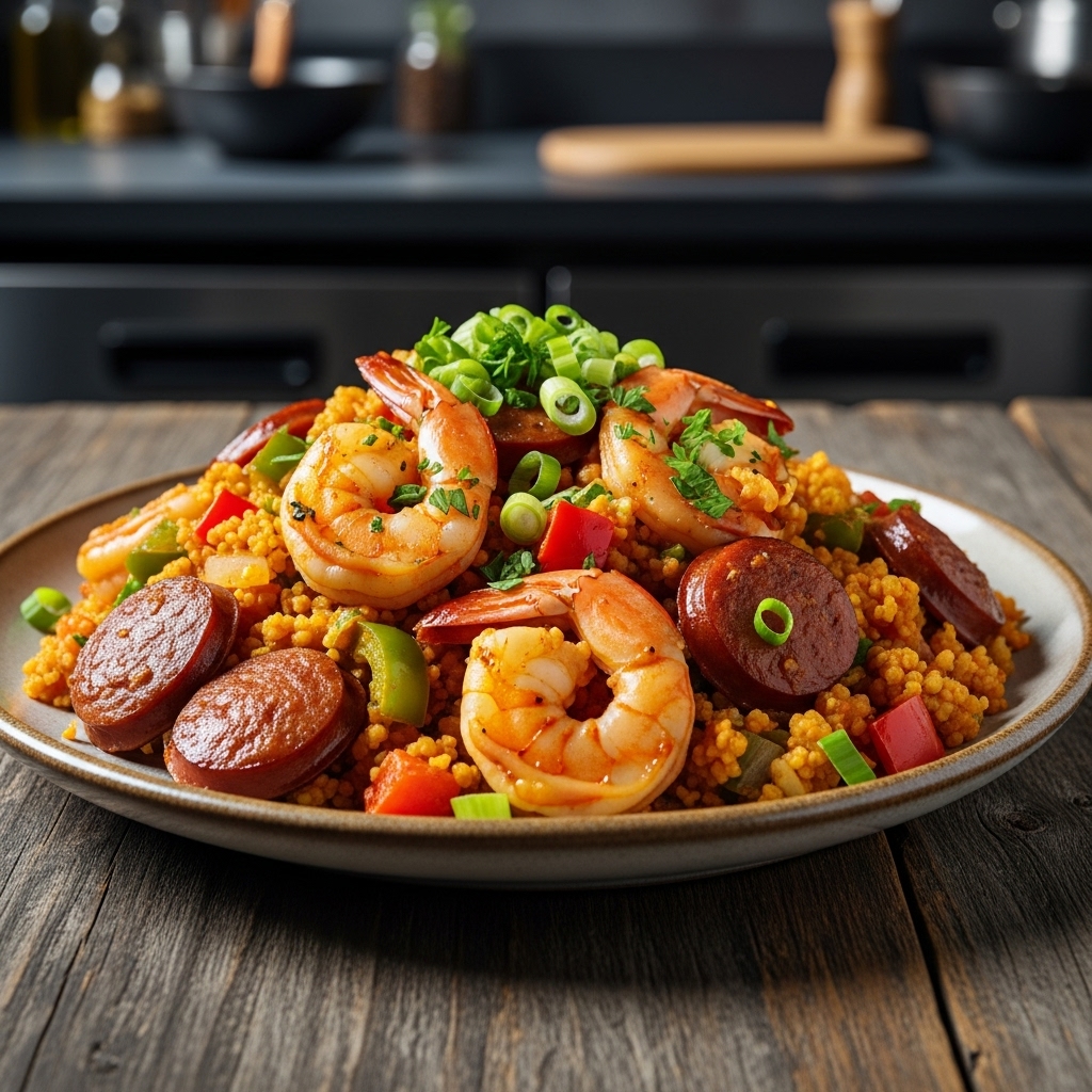 Keto Cajun Shrimp and Sausage Skillet with Spicy Cauliflower Rice