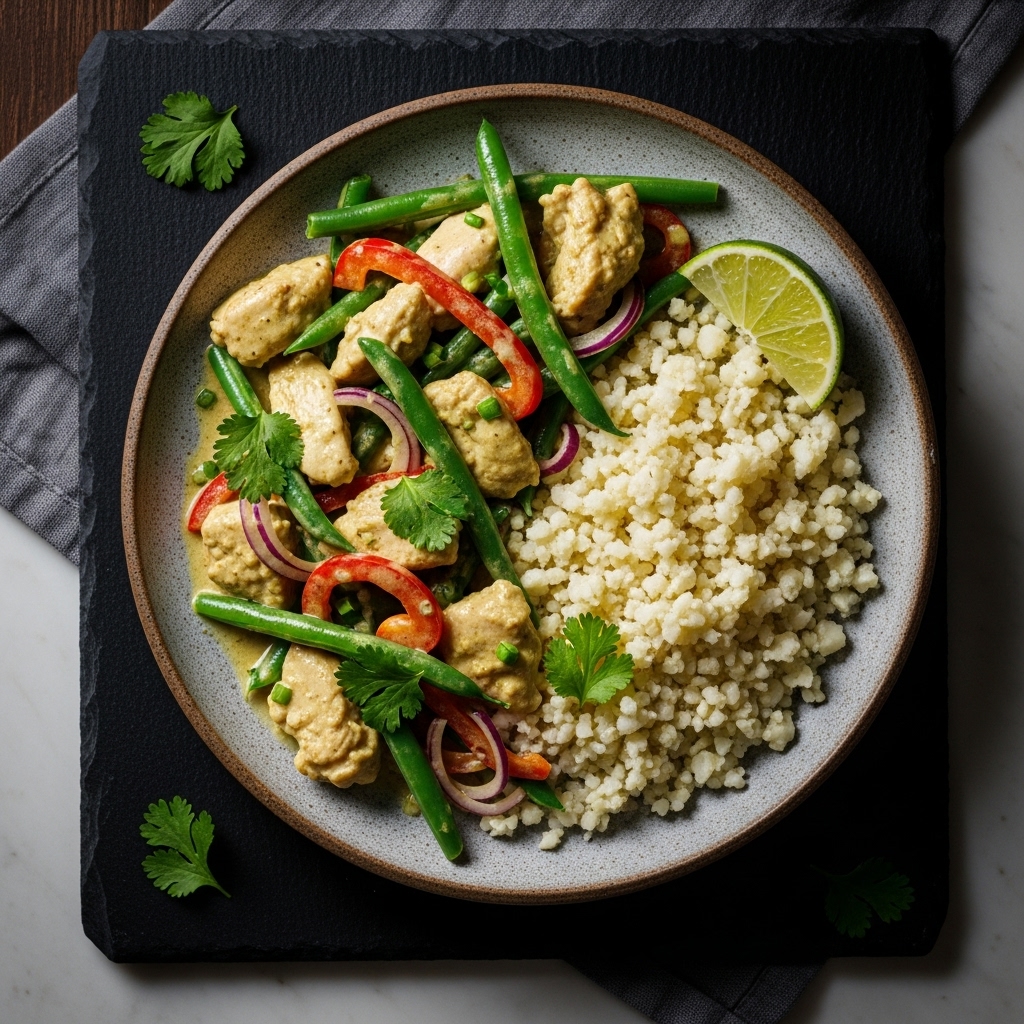 “Keto Cambodian Green Curry Chicken Salad with Cauliflower Rice”