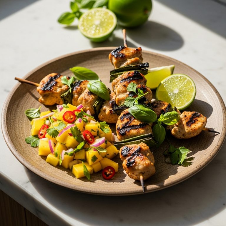 Keto Cambodian Lunch: Aromatic Herb-Grilled Chicken Skewers With Spicy Mango Salsa