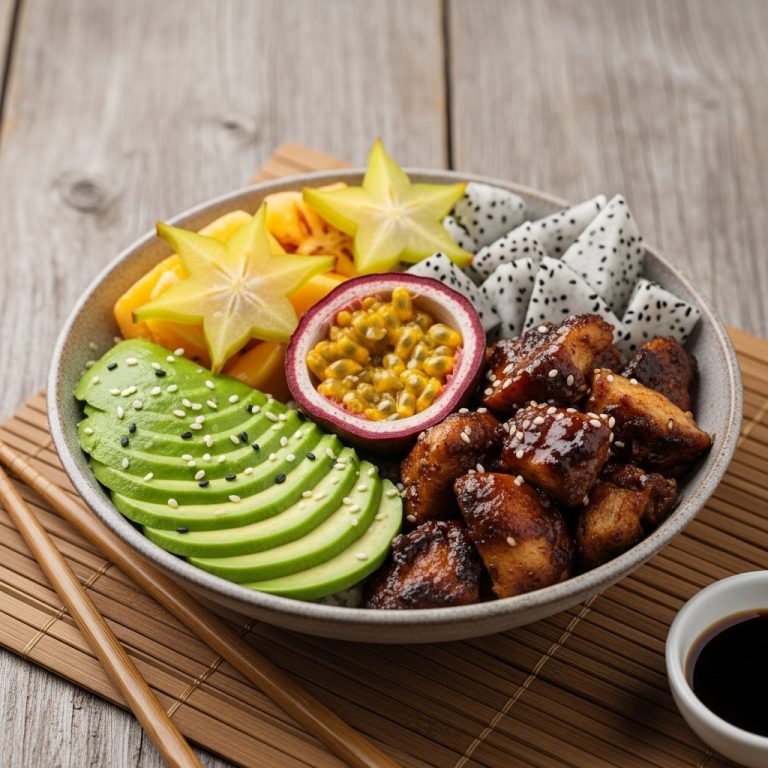 “Keto Caribbean Breakfast Bowl: Creamy Avocado, Spicy Jerk Chicken & Tropical Fruit Delight”