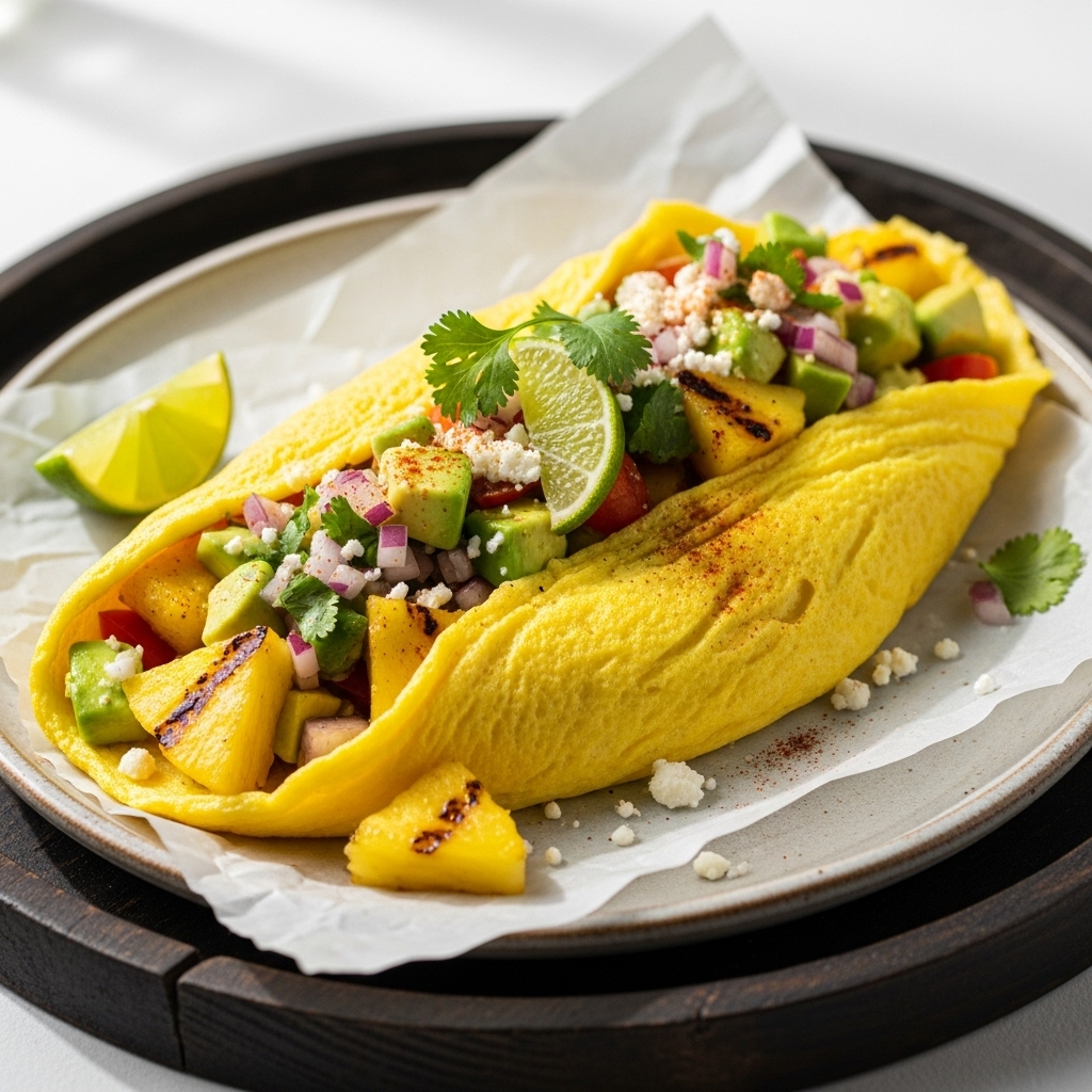 Keto Caribbean Brunch Omelette Boat with Avocado Salsa & Grilled Pineapple