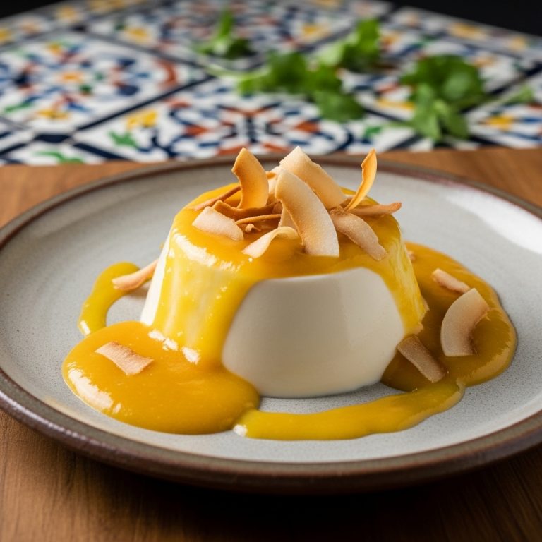Keto Caribbean Coconut Panna Cotta with Mango Sauce and Toasted Coconut Chips