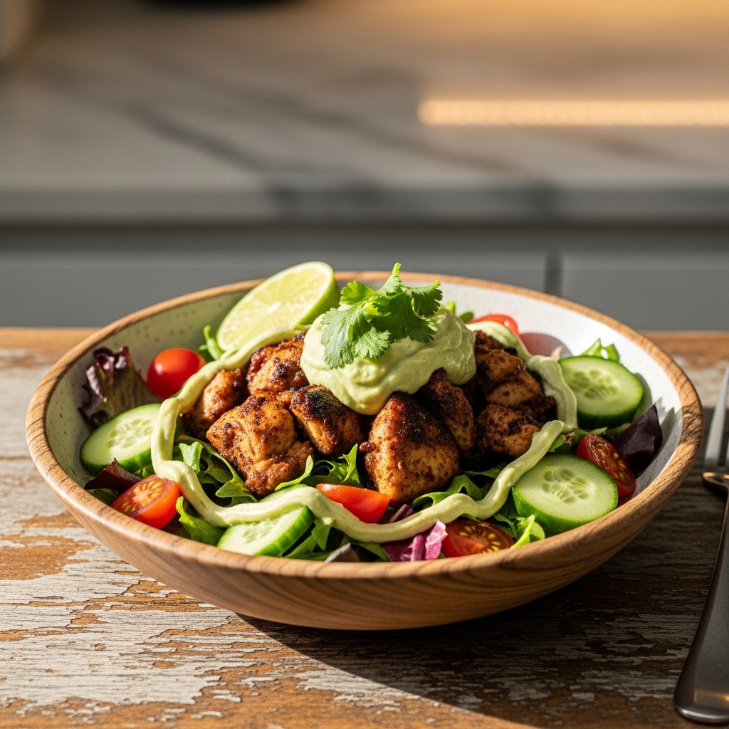 “Keto Caribbean Jerk Chicken Salad Bowl with Avocado Mousse”