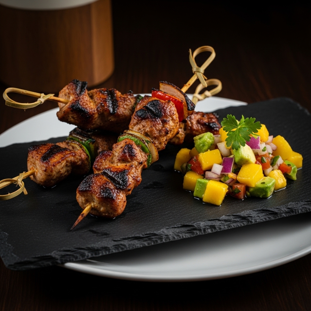 Keto Caribbean Jerk Chicken Skewers with Mango-Avocado Salsa