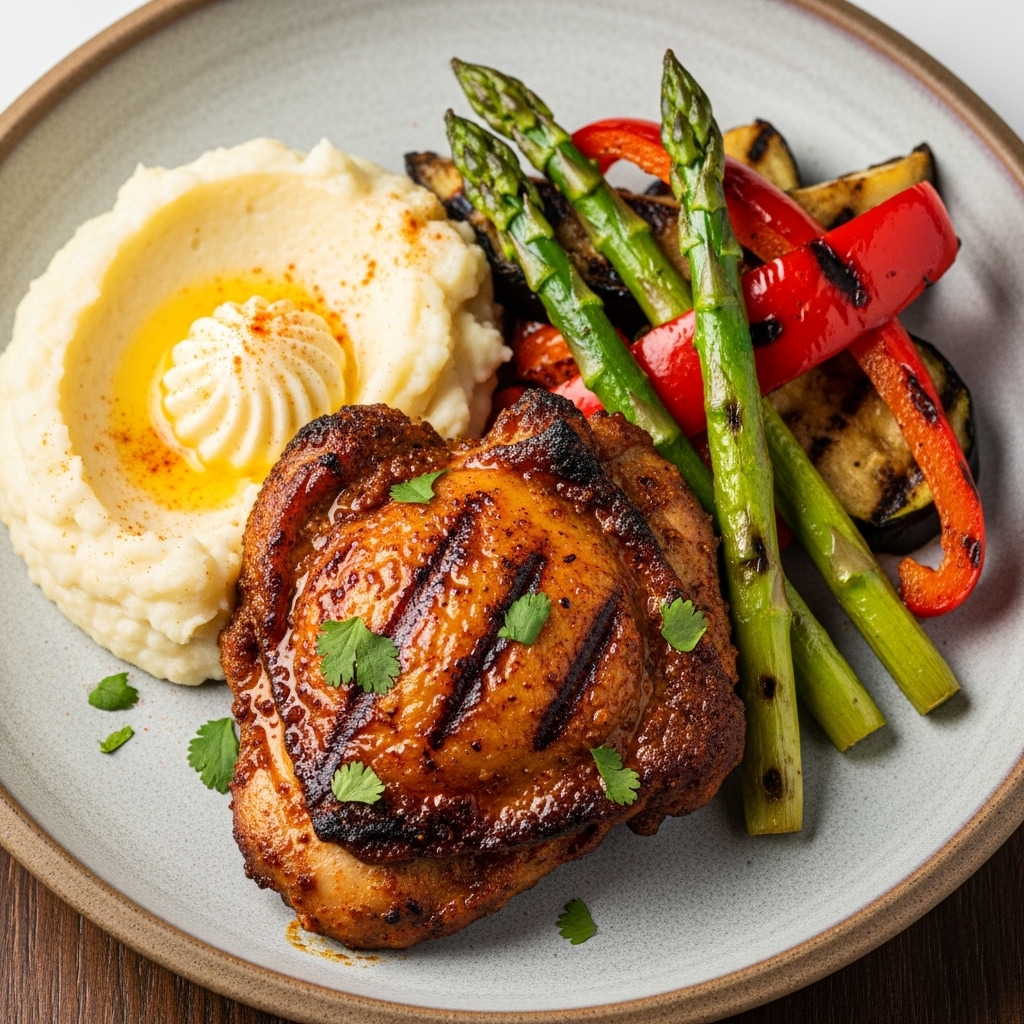 “Keto Caribbean Jerk Chicken with Creamy Cauliflower Mash & Grilled Veggies – A Sensational Spicy Feast!”