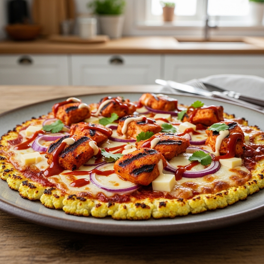 Keto Cauliflower Crust Pizza with Spicy Chicken Topping – A Cinematic Gourmet Experience