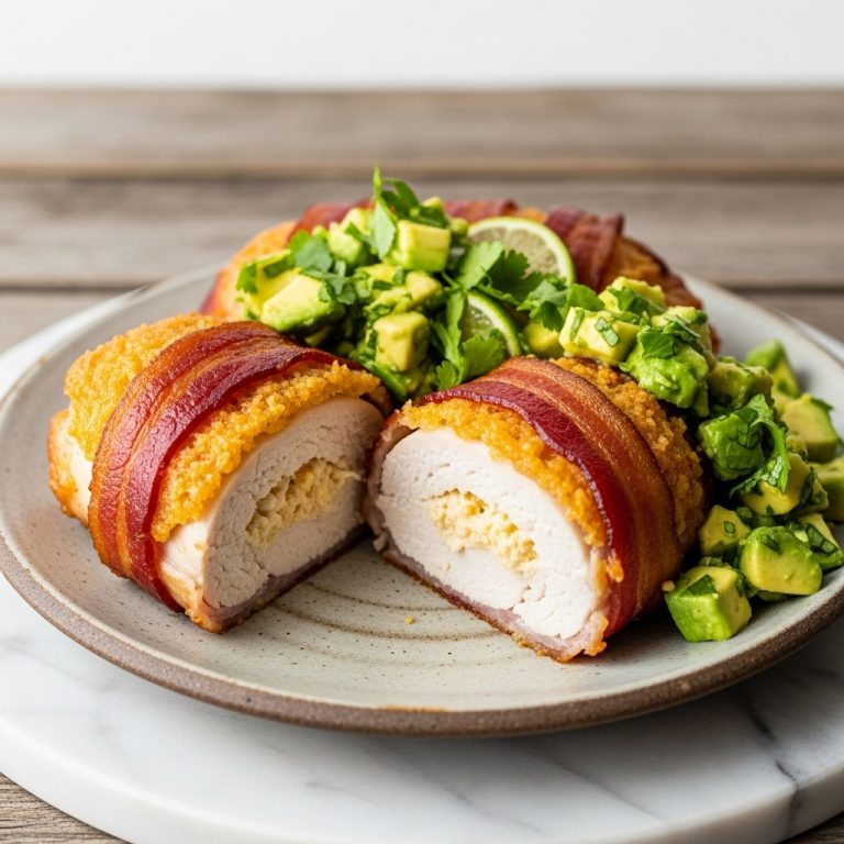 Keto Cheddar Crust Bacon Wrapped Stuffed Chicken Breast with Avocado Salsa Verde