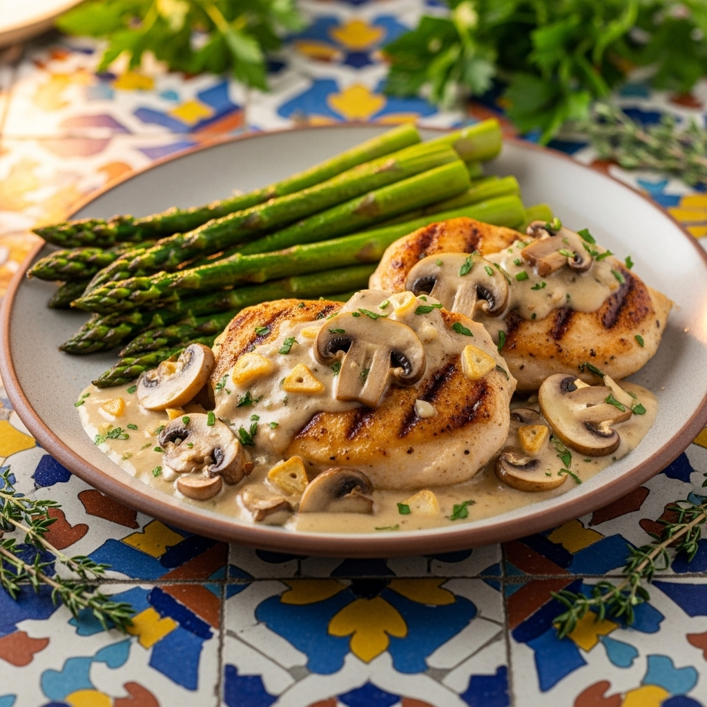 Keto Chicken Marsala with Garlic Cream Sauce and Roasted Asparagus