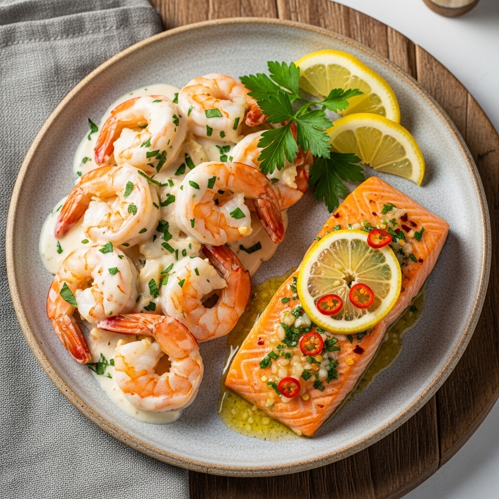 Keto Chilean Seafood Feast: Creamy Shrimp Scampi and Spicy Salmon Steak with Lemon Herb Sauce