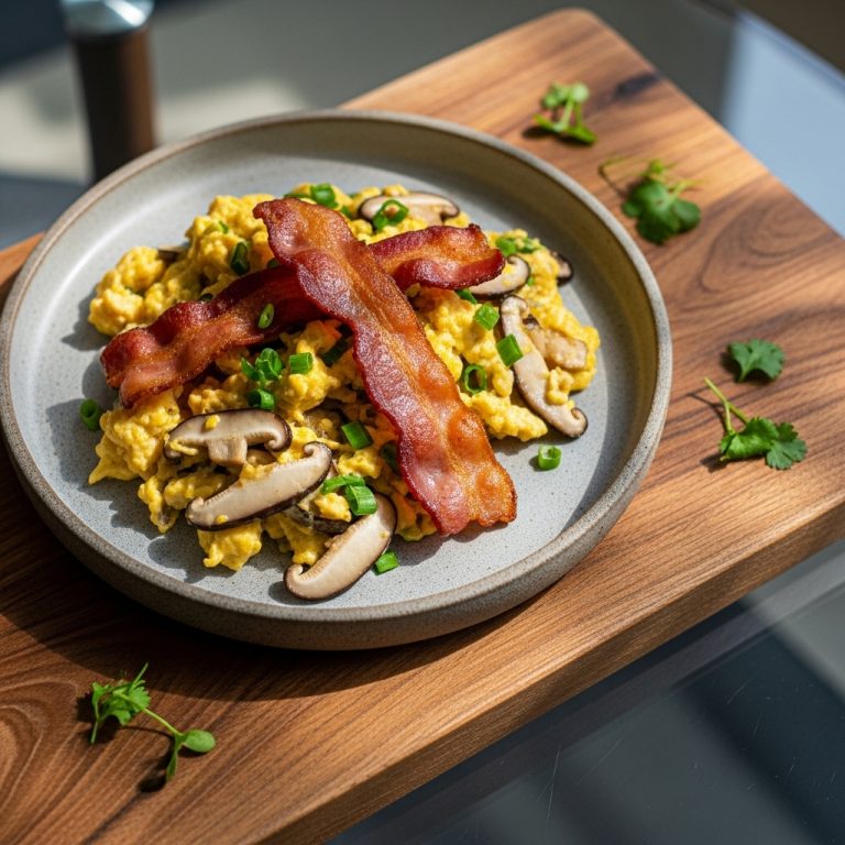 Keto Chinese Brunch: Creamy Shiitake Mushroom Scramble with Crispy Bacon