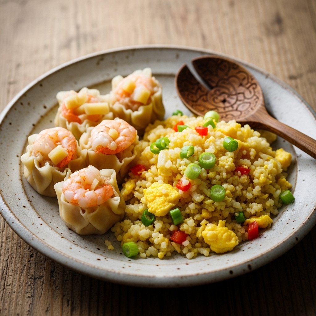 Keto Chinese Brunch Dim Sum: Steamed Shrimp Dumplings & Egg Fried Cauliflower Rice