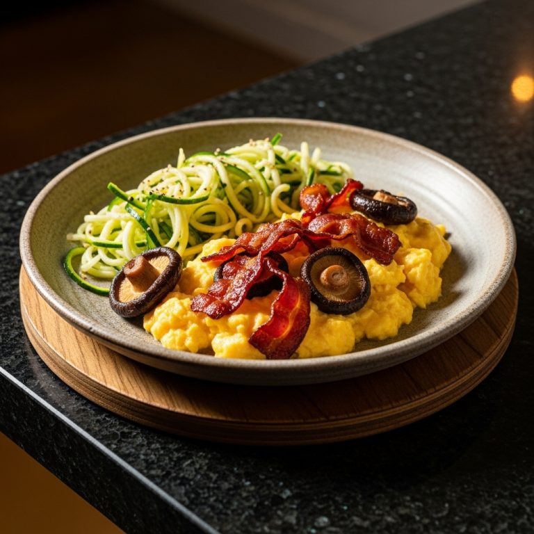 Keto Chinese Brunch: Shiitake Bacon and Creamy Scrambled Eggs with Zucchini Noodles