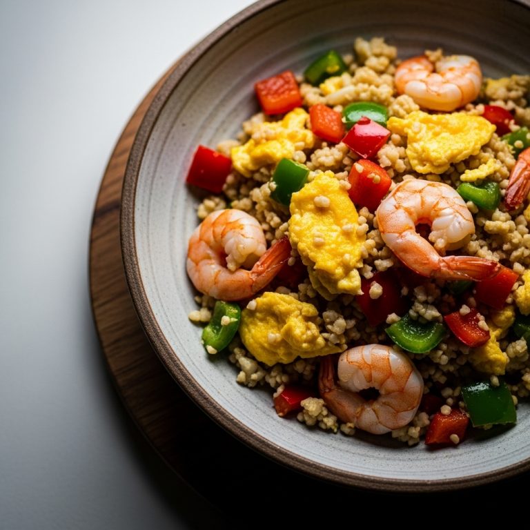 Keto Chinese Brunch Shrimp Fried Rice with Eggs and Bell Peppers