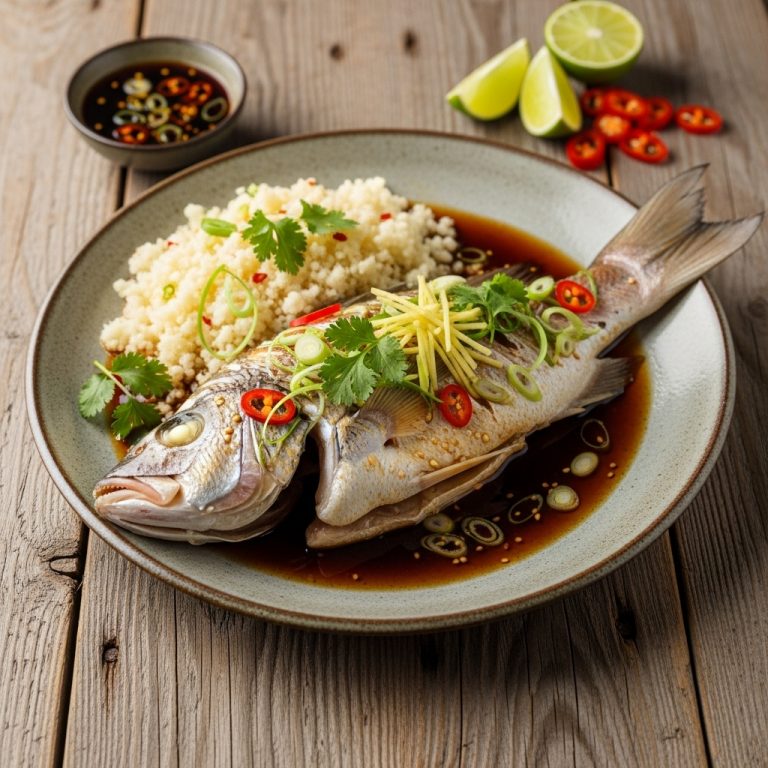 “Keto Chinese Steamed Fish with Soy-Ginger Sauce and Cauliflower Rice”