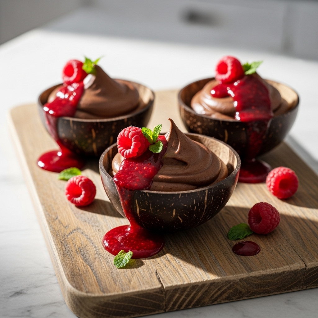 Keto Chocolate Mousse Coconut Cups with Raspberry Sauce