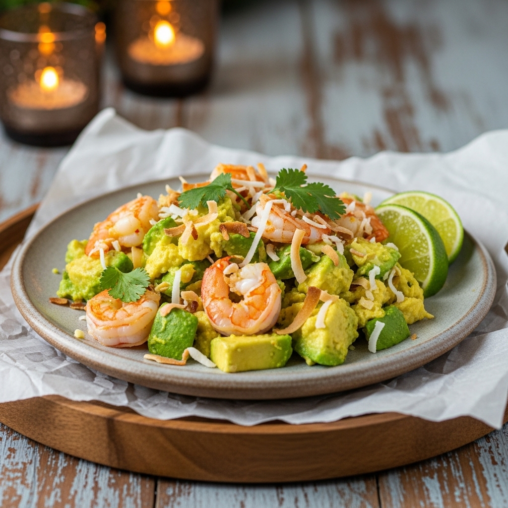 Keto Colombian Brunch: Avocado & Coconut Shrimp Scramble