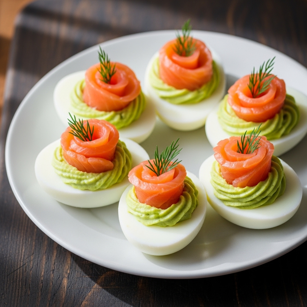 Keto Creamy Avocado Deviled Eggs with Smoked Salmon & Dill