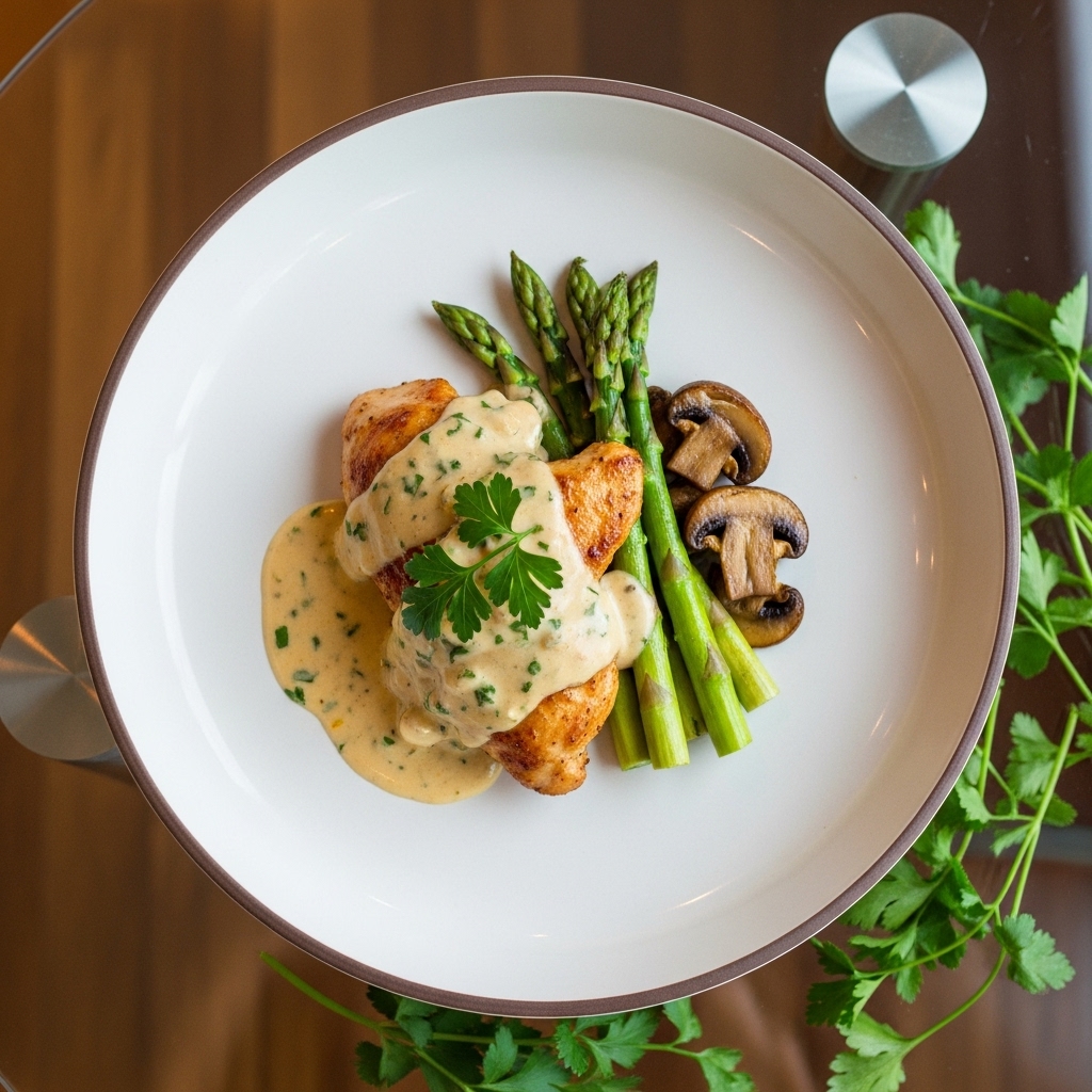 Keto Creamy Garlic Herb Chicken with Asparagus and Mushrooms
