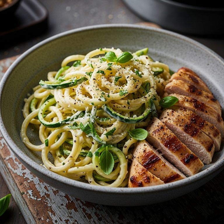 Keto Creamy Garlic Parmesan Zucchini Noodles with Grilled Chicken