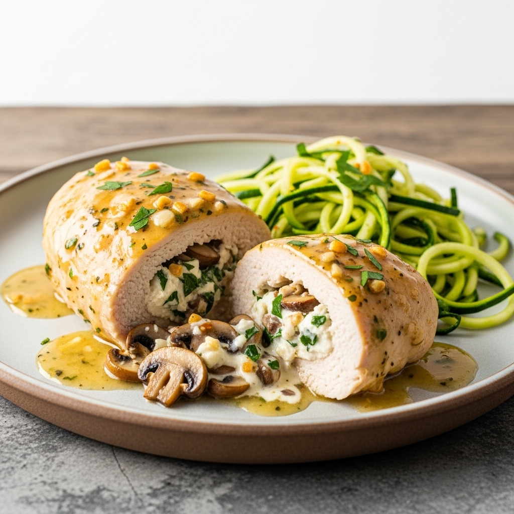 Keto Creamy Polish Mushroom Stuffed Chicken Breast with Garlic-Herb Sauce and Zucchini Noodles