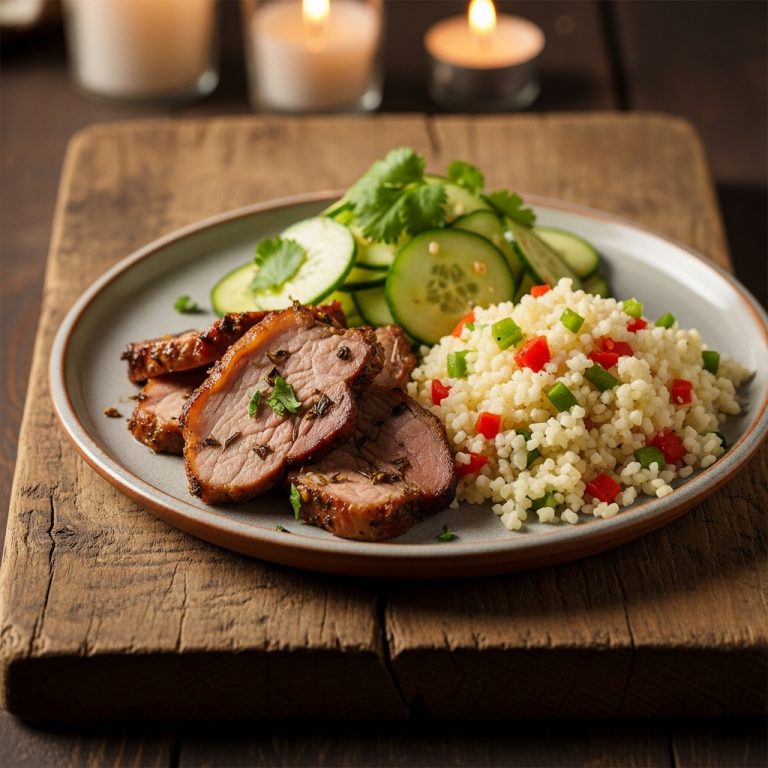 Keto Cuban Lunch: Skinny Roasted Pork, Cauliflower Rice, and Cucumber Salad