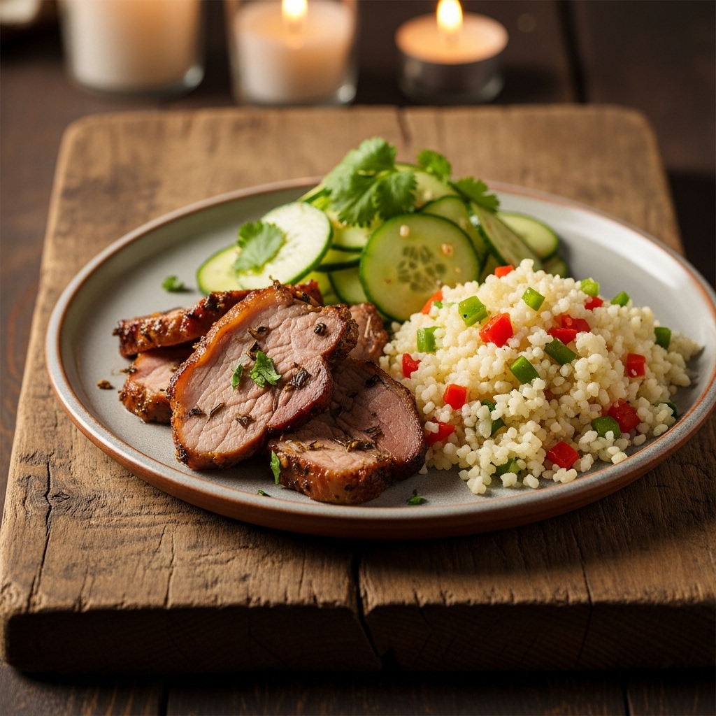 Keto Cuban Lunch: Skinny Roasted Pork, Cauliflower Rice, and Cucumber Salad